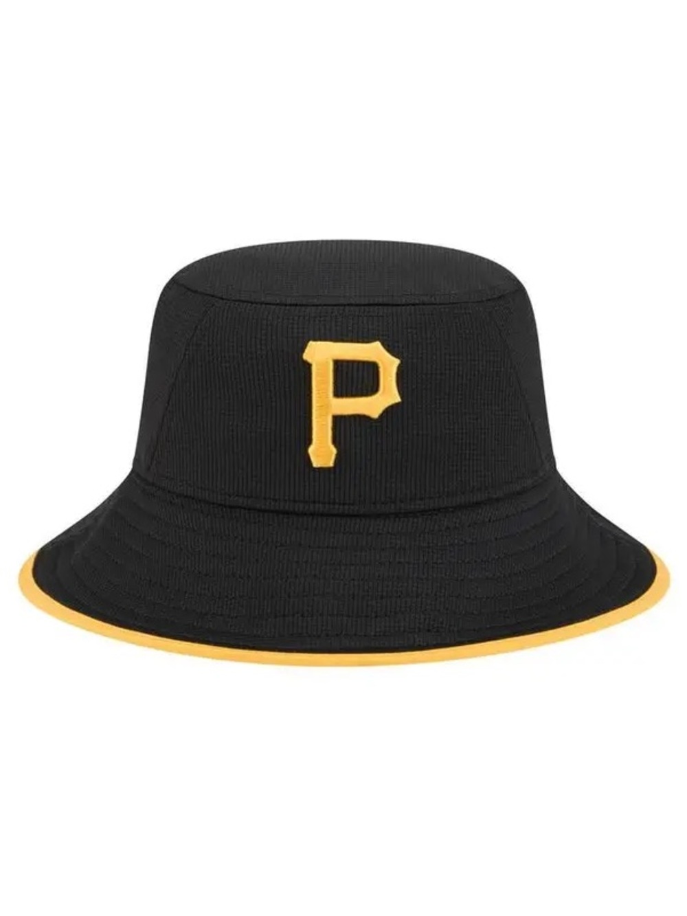 New Era Black Bucket Hat with Gold 'P' Logo and Gold Trim